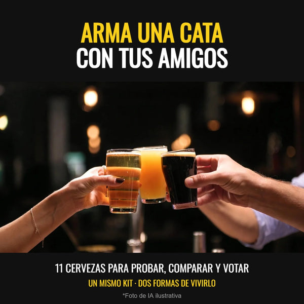 Manos brindando con vasos de cata de cervezas de distintos colores (foto de IA ilustrativa)