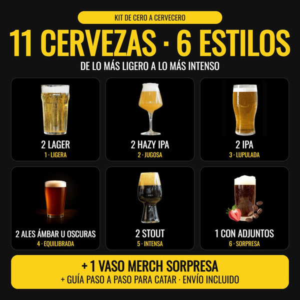 Qué incluye el Kit de Cero a Cervecero: 11 cervezas de 6 estilos, vaso merch y guía