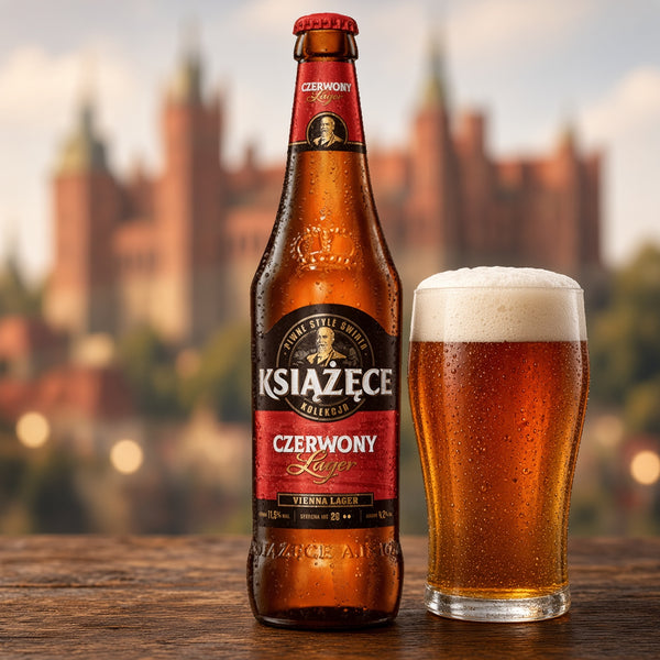 Książęce Czerwony Lager servida en su copa