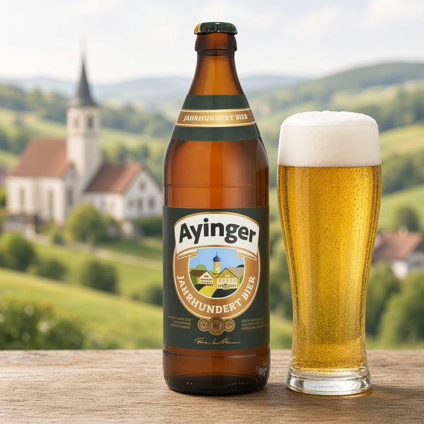 Ayinger Jahrhundertbier servida en su copa