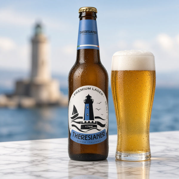 Theresianer Premium Lager servida en su copa