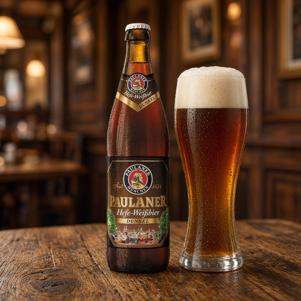 Paulaner Weissbier Dunkel servida en su copa